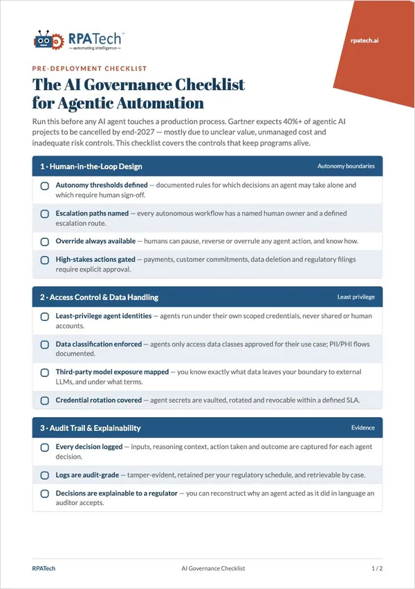 AI Governance Checklist for Agentic Automation — PDF cover