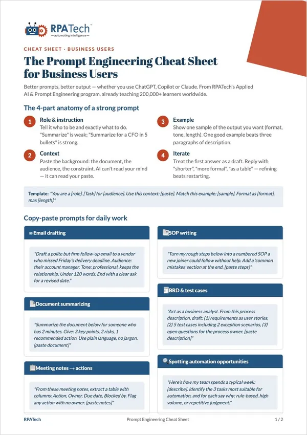 Prompt Engineering Cheat Sheet for Business Users — PDF cover